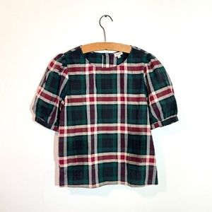 Cremieux plaid blouse women’s size large button up back puffy sleeve red green